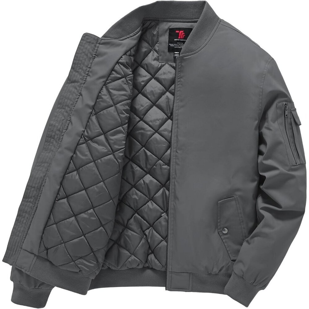 Men's Deep Grey Windproof Quilted Bomber Jacket Coats Warm Winter Outwear